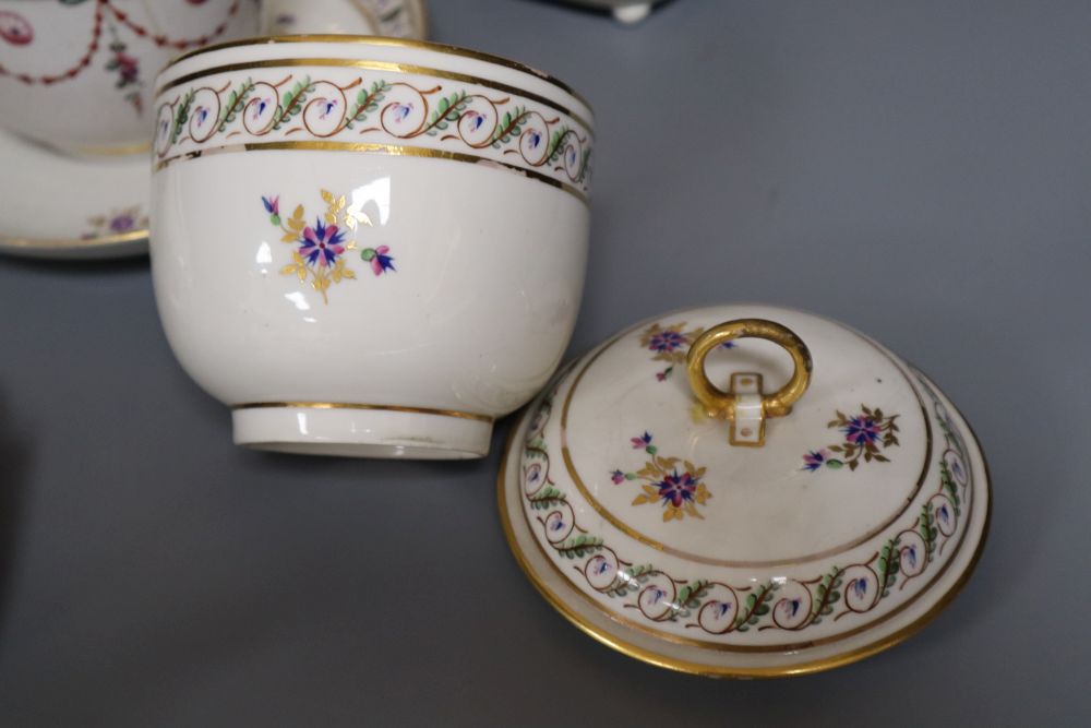 A Derby gilded part tea set, two Derby sucrier and covers and a similar dish, c.1790-1810, blue, puce, gilt and iron red marks